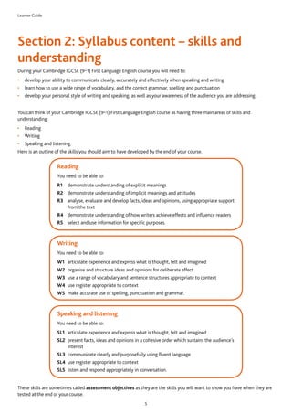 Learner Guide
5
Section 2: Syllabus content – skills and
understanding
During your Cambridge IGCSE (9–1) First Language English course you will need to:
•	 develop your ability to communicate clearly, accurately and effectively when speaking and writing
•	 learn how to use a wide range of vocabulary, and the correct grammar, spelling and punctuation
•	 develop your personal style of writing and speaking, as well as your awareness of the audience you are addressing.
You can think of your Cambridge IGCSE (9–1) First Language English course as having three main areas of skills and
understanding:
•	 Reading
•	 Writing
•	 Speaking and listening.
Here is an outline of the skills you should aim to have developed by the end of your course.
Reading
You need to be able to:
R1	demonstrate understanding of explicit meanings
R2	demonstrate understanding of implicit meanings and attitudes
R3	analyse, evaluate and develop facts, ideas and opinions, using appropriate support
from the text
R4	demonstrate understanding of how writers achieve effects and influence readers
R5	select and use information for specific purposes.
Writing
You need to be able to:
W1	 articulate experience and express what is thought, felt and imagined
W2	 organise and structure ideas and opinions for deliberate effect
W3	 use a range of vocabulary and sentence structures appropriate to context
W4	 use register appropriate to context
W5	 make accurate use of spelling, punctuation and grammar.
Speaking and listening
You need to be able to:
SL1	 articulate experience and express what is thought, felt and imagined
SL2	present facts, ideas and opinions in a cohesive order which sustains the audience’s
interest
SL3	 communicate clearly and purposefully using fluent language
SL4	 use register appropriate to context
SL5	 listen and respond appropriately in conversation.
These skills are sometimes called assessment objectives as they are the skills you will want to show you have when they are
tested at the end of your course.
 