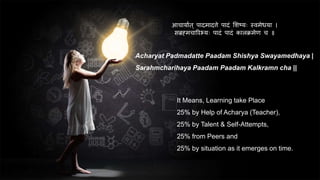 Acharyat Padmadatte Paadam Shishya Swayamedhaya |
Sarahmcharihaya Paadam Paadam Kalkramn cha ||
It Means, Learning take Place
25% by Help of Acharya (Teacher),
25% by Talent & Self-Attempts,
25% from Peers and
25% by situation as it emerges on time.
आचार्ाात् पादमादत्ते पादं शिष्र्ः स्वमेधर्ा ।
सब्रह्मचारिभ्र्ः पादं पादं कालक्रमेण च ॥
 