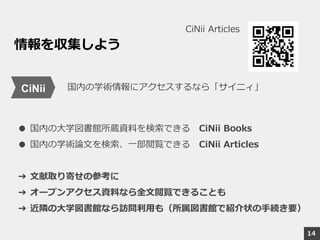 情報を収集しよう
国内の学術情報にアクセスするなら「サイニィ」
● 国内の大学図書館所蔵資料を検索できる CiNii Books
● 国内の学術論文を検索、一部閲覧できる CiNii Articles
➔ 文献取り寄せの参考に
➔ オープンアクセス資料なら全文閲覧できることも
➔ 近隣の大学図書館なら訪問利用も（所属図書館で紹介状の手続き要）
CiNii
CiNii Articles
14
 