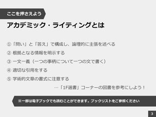 ここを押さえよう
アカデミック・ライティングとは
①「問い」と「答え」で構成し、論理的に主張を述べる
② 根拠となる情報を明示する
③ 一文一義（一つの事柄について一つの文で書く）
④ 適切な引用をする
⑤ 学術的文章の書式に注意する
…「1F選書」コーナーの図書を参考にしよう！
※一部は電子ブックでも読むことができます。ブックリストをご参照ください
3
 