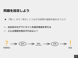 問題を設定しよう
● 「問い」から「答え」につながる説明の道筋を組み立てよう
→ おおまかなアウトラインを描き構成を考える
→ どんな根拠を提示すればよい？
？ ！
7
仮説
問題提起
考察
結論
検証
 
