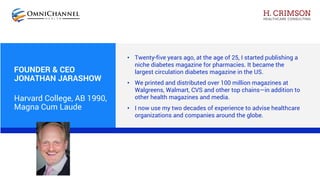 FOUNDER & CEO
JONATHAN JARASHOW
Harvard College, AB 1990,
Magna Cum Laude
• Twenty-five years ago, at the age of 25, I started publishing a
niche diabetes magazine for pharmacies. It became the
largest circulation diabetes magazine in the US.
• We printed and distributed over 100 million magazines at
Walgreens, Walmart, CVS and other top chains—in addition to
other health magazines and media.
• I now use my two decades of experience to advise healthcare
organizations and companies around the globe.
 