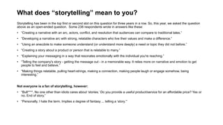 What does “storytelling” mean to you?
Storytelling has been in the top first or second slot on this question for three years in a row. So, this year, we asked the question
above as an open-ended question. Some 238 respondents wrote in answers like these:
• “Creating a narrative with an arc, actors, conflict, and resolution that audiences can compare to traditional tales.”
• “Developing a narrative arc with strong, relatable characters who live their values and make a difference.”
• “Using an anecdote to make someone understand (or understand more deeply) a need or topic they did not before.”
• “Creating a story about a product or person that is relatable to many.”
• “Explaining your messaging in a way that resonates emotionally with the individual you're reaching.”
• “Telling the company's story - getting the message out - in a memorable way. It relies more on narrative and emotion to get
people to feel and believe.”
• “Making things relatable, pulling heart-strings, making a connection, making people laugh or engage somehow, being
interesting.”
Not everyone is a fan of storytelling, however:
• “Bull****. No one other than idiots cares about ‘stories.’ Do you provide a useful product/service for an affordable price? Yes or
no. End of story.”
• “Personally, I hate the term. Implies a degree of fantasy ... telling a ‘story.’”
 