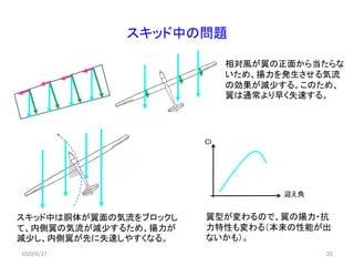 35
スキッド中の問題
2020/6/27
相対風が翼の正面から当たらな
いため、揚力を発生させる気流
の効果が減少する。このため、
翼は通常より早く失速する。
スキッド中は胴体が翼面の気流をブロックし
て、内側翼の気流が減少するため、揚力が
減少し、内側翼が先に失速しやすくなる。
翼型が変わるので、翼の揚力・抗
力特性も変わる（本来の性能が出
ないかも）。
 