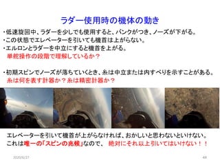 ラダー使用時の機体の動き
・低速旋回中、ラダーを少しでも使用すると、バンクがつき、ノーズが下がる。
・この状態でエレベーターを引いても機首は上がらない。
・エルロンとラダーを中立にすると機首を上がる。
単舵操作の段階で理解しているか？
・初期スピンでノーズが落ちていくとき、糸は中立または内すべりを示すことがある。
糸は何を表す計器か？糸は精密計器か？
エレベーターを引いて機首が上がらなければ、おかしいと思わないといけない。
これは唯一の「スピンの兆候」なので、 絶対にそれ以上引いてはいけない！！
442020/6/27 44
 