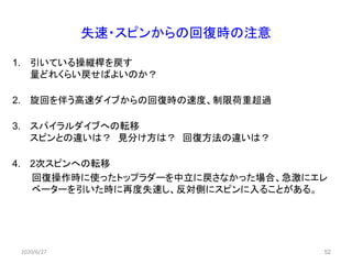 52
失速・スピンからの回復時の注意
1. 引いている操縦桿を戻す
量どれくらい戻せばよいのか？
2. 旋回を伴う高速ダイブからの回復時の速度、制限荷重超過
3. スパイラルダイブへの転移
スピンとの違いは？ 見分け方は？ 回復方法の違いは？
4. 2次スピンへの転移
回復操作時に使ったトップラダーを中立に戻さなかった場合、急激にエレ
ベーターを引いた時に再度失速し、反対側にスピンに入ることがある。
2020/6/27
 