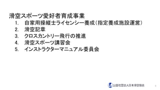 滑空スポーツ愛好者育成事業
1. 自家用操縦士ライセンシー養成（指定養成施設運営）
2. 滑空記章
3. クロスカントリー飛行の推進
4. 滑空スポーツ講習会
5. インストラクターマニュアル委員会
5
 