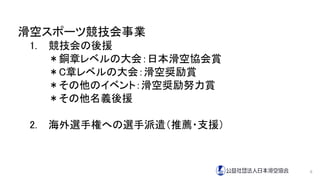 滑空スポーツ競技会事業
1. 競技会の後援
＊銅章レベルの大会：日本滑空協会賞
＊C章レベルの大会：滑空奨励賞
＊その他のイベント：滑空奨励努力賞
＊その他名義後援
2. 海外選手権への選手派遣（推薦・支援）
6
 