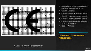 PAGE 2
CONFORMITY ASSESSMENT
PROCEDURES
• Required prior to placing a device on a
market or putting it into service
• Clas...