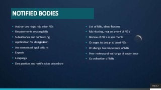 NOTIFIED BODIES
 Authorities responsible for NBs
 Requirements relating NBs
 Subsidiaries and contracting
 Application...