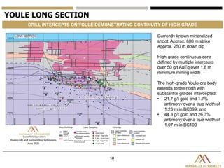 10
YOULE LONG SECTION
DRILL INTERCEPTS ON YOULE DEMONSTRATING CONTINUITY OF HIGH-GRADE
Currently known mineralized
shoot: Approx. 600 m strike
Approx. 250 m down dip
High-grade continuous core
defined by multiple intercepts
over 50 g/t AuEq over 1.8 m
minimum mining width
The high-grade Youle ore body
extends to the north with
substantial grades intercepted:
• 21.7 g/t gold and 1.7%
antimony over a true width of
1.23 m in BC099; and
• 44.3 g/t gold and 26.3%
antimony over a true width of
1.07 m in BC100
 