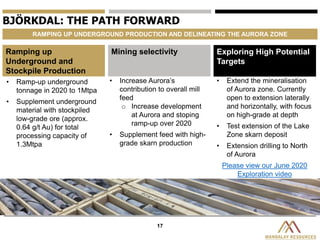 17
BJÖRKDAL: THE PATH FORWARD
RAMPING UP UNDERGROUND PRODUCTION AND DELINEATING THE AURORA ZONE
Mining selectivityRamping up
Underground and
Stockpile Production
Exploring High Potential
Targets
• Ramp-up underground
tonnage in 2020 to 1Mtpa
• Supplement underground
material with stockpiled
low-grade ore (approx.
0.64 g/t Au) for total
processing capacity of
1.3Mtpa
• Increase Aurora’s
contribution to overall mill
feed
o Increase development
at Aurora and stoping
ramp-up over 2020
• Supplement feed with high-
grade skarn production
• Extend the mineralisation
of Aurora zone. Currently
open to extension laterally
and horizontally, with focus
on high-grade at depth
• Test extension of the Lake
Zone skarn deposit
• Extension drilling to North
of Aurora
Please view our June 2020
Exploration video
 