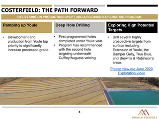 8
COSTERFIELD: THE PATH FORWARD
DELIVERING ON PRODUCTION UPLIFT AND A FOCUSED EXPLORATION PROGRAM
Deep Hole DrillingRamping up Youle Exploring High Potential
Targets
• Development and
production from Youle top
priority to significantly
increase processed grade
• First programmed holes
completed under Youle vein
• Program has recommenced
with the second hole
targeting underneath
Cuffley/Augusta veining
• Drill several highly
prospective targets from
surface including:
Extension of Youle, the
Damper Gully, True Blue,
and Brown’s & Robinson’s
areas
Please view our June 2020
Exploration video
 