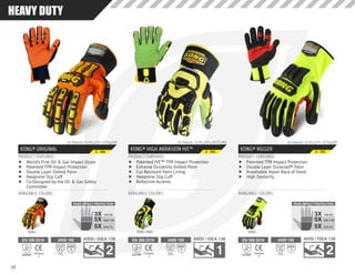 KONG® ORIGINAL
PRODUCT FEATURES:
AVAILABLE COLORS:
	f World’s First Oil & Gas Impact Glove
	f Patented TPR Impact Protection
	f Double Layer Dotted Palm
	f Neoprene Slip Cuff
	f Co-Designed by the Oil & Gas Safety
Committee
US Patents: 9,241,519 • D756,039
EN 388:2016
Category
24242AP
ANSI 105
4
ABR
A1
CUT
417g
SDX2
S - 3XL
KONG® HIGH ABRASION IVE™
PRODUCT FEATURES:
AVAILABLE COLORS:
	f Patented IVE™ TPR Impact Protection
	f Extreme Durability Dotted Palm
	f Cut Resistant Palm Lining
	f Neoprene Slip Cuff
	f Reflective Accents
US Patents: 9,241,519 • D771,901
EN 388:2016
Category
24331BP
ANSI 105
5
ABR
A2
CUT
880g
SDX2-HAD
S - 3XL
KONG® RIGGER
PRODUCT FEATURES:
AVAILABLE COLORS:
	f Patented TPR Impact Protection
	f Double Layer Duraclad® Palm
	f Breathable Nylon Back of Hand
	f High Dexterity
US Patents: 9,241,519 • D756,039
EN 388:2016
Category
23122AP
ANSI 105
4
ABR
A2
CUT
934g
KRIG
S - 3XL
HEAVY DUTYHEAVY DUTY
PEAK IMPACT PROTECTION
150:503X
5X
5X
500:100
375:75
PEAK IMPACT PROTECTION
150:503X
5X
5X
500:100
375:75
10
 