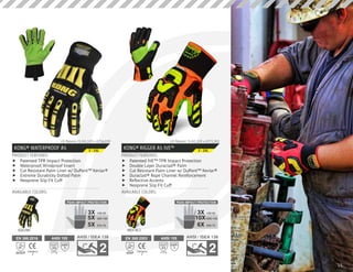 KONG® RIGGER A5 IVE™
PRODUCT FEATURES:
AVAILABLE COLORS:
	f Patented IVE™ TPR Impact Protection
	f Double Layer Duraclad® Palm
	f Cut Resistant Palm Liner w/ DuPont™ Kevlar®
	f Duraclad® Rope Channel Reinforcement
	f Reflective Accents
	f Neoprene Slip Fit Cuff
US Patents: 9,241,519 • D771,901
EN 388:2003
Category
24544P
ANSI 105
3
ABR
A5
CUT
2545g
INDI-RC5
S - 3XL
PEAK IMPACT PROTECTION
150:503X
10X
6X
1000:100
500:75
15
KONG® WATERPROOF A5
PRODUCT FEATURES:
AVAILABLE COLORS:
	f Patented TPR Impact Protection
	f Waterproof, Windproof Insert
	f Cut Resistant Palm Liner w/ DuPont™ Kevlar®
	f Extreme Durability Dotted Palm
	f Neoprene Slip Fit Cuff
US Patents: 9,241,519 • D756,039
EN 388:2016
Category
24X43DP
ANSI 105
5
ABR
A5
CUT
2475g
SDX2WC
S - 3XL
PEAK IMPACT PROTECTION
150:503X
5X
5X
500:100
375:75
 