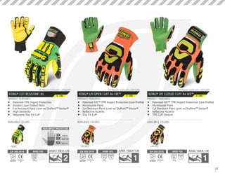 17
KONG® CUT RESISTANT A5
PRODUCT FEATURES:
AVAILABLE COLORS:
	f Patented TPR Impact Protection
	f Double Layer Dotted Palm
	f Cut Resistant Palm Liner w/ DuPont™ Kevlar®
	f High Dexterity
	f Neoprene Slip Fit Cuff
US Patents: 9,241,519 • D756,039
EN 388:2016
Category
23X44CP
ANSI 105
A5
CUT
2546g
SDXC
S - 2XL
KONG® LPI OPEN CUFF A4 IVE™
PRODUCT FEATURES:
AVAILABLE COLORS:
	f Patented IVE™ TPR Impact Protection (Low Profile)
	f Microsuede Palm
	f Cut Resistant Palm Liner w/ DuPont™ Kevlar®
	f Reflective Accents
	f Slip Fit Cuff
US Patents: 9,241,519 • D771,901
EN 388:2016
Category
23X44DP
ANSI 105
3
ABR
A4
CUT
1893g
LPI-OC5
S - 3XL
KONG® LPI CLOSED CUFF A4 IVE™
PRODUCT FEATURES:
AVAILABLE COLORS:
	f Patented IVE™ TPR Impact Protection (Low Profile)
	f Microsuede Palm
	f Cut Resistant Palm Liner w/ DuPont™ Kevlar®
	f Reflective Accents
	f TPR Cuff Closure
US Patents: 9,241,519 • D771,901
EN 388:2016
Category
23X44DP
ANSI 105
3
ABR
A4
CUT
1893g
LPI-CC5
S - 3XL
PEAK IMPACT PROTECTION
150:503X
5X
5X
500:100
375:75
 