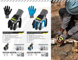 KONG® 360° CUT A4
PRODUCT FEATURES:
AVAILABLE COLORS:
	f Patented TPR Impact Protection
	f Foam Nitrile Palm Coating
	f 13 Gauge HPPE/Glass Cut Resistant Knit
	f Padded Palm
	f High Dexterity
	f Knit Cuff
US Patents: 9,241,519 • D756,039
EN 388:2016
Category
24X43C
ANSI 105
A4
CUT
2162g
KKC5B
S - 3XL
KONG® 360° CUT A4 INSULATED
PRODUCT FEATURES:
AVAILABLE COLORS:
	f Patented TPR Impact Protection
	f 10 Gauge Acrylic Insulation Lining
	f Foam Nitrile Palm Coating
	f 13 Gauge HPPE/Glass Cut Resistant Knit
	f Padded Palm
	f Knit Cuff
US Patents: 9,241,519 • D756,039
EN 388:2016
Category
24X42E
ANSI 105
A4
CUT
2145g
KKC5BW
S - 2XL
PEAK IMPACT PROTECTION
150:502X
5X
4X
500:100
300:75
PEAK IMPACT PROTECTION
150:502X
5X
4X
500:100
300:75
19
 