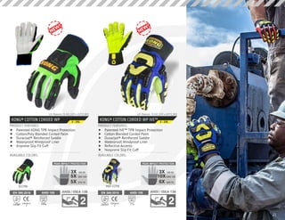 KONG® COTTON CORDED WP
PRODUCT FEATURES:
AVAILABLE COLORS:
	f Patented KONG TPR Impact Protection
	f Cotton/Poly Blended Corded Palm
	f Duraclad® Reinforced Saddle
	f Waterproof, Windproof Liner
	f Airprene Slip Fit Cuff
US Patents: 9,241,519 • D771,901
EN 388:2016
Category
21142BP
ANSI 105
A3
CUT
1046g
KCCPW
S - 3XL
PEAK IMPACT PROTECTION
150:503X
5X
5X
500:100
375:75
KONG® COTTON CORDED WP IVE™
PRODUCT FEATURES:
AVAILABLE COLORS:
	f Patented IVE™ TPR Impact Protection
	f Cotton Blended Corded Palm
	f Duraclad® Reinforced Saddle
	f Waterproof, Windproof Liner
	f Reflective Accents
	f Neoprene Slip Fit Cuff
US Patents: 9,241,519 • D771,901
EN 388:2016
Category
22343CP
ANSI 105
A2
CUT
722g
INDI-CCPW
S - 3XL
PEAK IMPACT PROTECTION
150:503X
10X
6X
1000:100
500:75
21
 