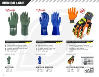 TOWA® ACTIVGRIP 566
PRODUCT FEATURES:
AVAILABLE COLORS:
	f Double Coated Oil Resistant Coating
	f MicroFinish® Coating for Durable Grip
	f 13 Gauge Seamless Cotton/Poly Liner
	f Nitrile Construction
	f 30 cm Cuff Length
4121X
EN388:2016
4121X
EN388:2016
EN 388:2016
Category
24121X
FC1N12
M - 2XL
TOWA® OR656
PRODUCT FEATURES:
AVAILABLE COLORS:
	f Anti-Oil Compound Coating
	f Anti-Bacterial Treated Liner
	f 13 Gauge Seamless Cotton Liner
	f Durable PVC Construction
	f 30 cm Cuff Length
OR656
3121X
9/L
OR656
3121X
9/L
EN 388:2016
Category
23121X
EN 374:2003
Category
3AJK
FC1P12
M - 2XL
KONG® 360° CUT A6 CHEMICAL IVE™
PRODUCT FEATURES:
AVAILABLE COLORS:
	f Patented IVE™ TPR Impact Protection
	f 13 Gauge HPPE/Glass/Steel Cut Resistant Knit
	f Full Dip Nitrile Base Coating
	f Full Dip Sandy Nitrile Outer Coating
	f Knit Cuff
US Patents: 9,241,519 • D771,901
EN 388:2016
Category
24X42FP
ANSI 105
A6
CUT
3719g
KCHA5
S - 3XL
PEAK IMPACT PROTECTION
150:503X
10X
6X
1000:100
500:75
22
CHEMICAL & GRIPCHEMICAL & GRIP
 