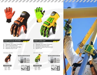 KONG® SLIP & OIL RESISTANT
PRODUCT FEATURES:
AVAILABLE COLORS:
	f Patented TPR Impact Protection
	f HPT™ Channeled Palm
	f Patented Saturated Grip Palm
	f Neoprene Slip Fit Cuff
US Patents: 9,241,519 • 9,266,263 • D756,039
EN 388:2003
Category
24131P
SDXO2
M - 2XL
KONG® SUPER GRIP
PRODUCT FEATURES:
AVAILABLE COLORS:
	f Patented TPR Impact Protection
	f Silicone Printed Grip Palm
	f Duraclad® Saddle Reinforcement
	f Slip Fit Cuff
US Patents: 9,241,519 • D568,003 • D756,039
EN 388:2003
Category
23131P
SDXG2
M - 2XL
PEAK IMPACT PROTECTION
150:503X
5X
5X
500:100
375:75
PEAK IMPACT PROTECTION
150:503X
5X
5X
500:100
375:75
23
 