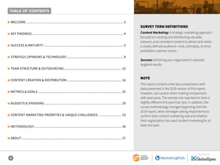 MANUFACTURING
CONTENT MARKETING 2020
Benchmarks, Budgets, and Trends
2
SPONSORED BY
m WELCOME.......................................................................................................... 3
m KEY FINDINGS.................................................................................................... 4
m SUCCESS & MATURITY....................................................................................... 5
m STRATEGY, OPINIONS & TECHNOLOGY.............................................................. 8
m TEAM STRUCTURE & OUTSOURCING............................................................... 12
m CONTENT CREATION & DISTRIBUTION............................................................ 16
m METRICS & GOALS........................................................................................... 25
m BUDGETS & SPENDING.................................................................................... 29
m CONTENT MARKETING PRIORITIES & UNIQUE CHALLENGES.......................... 33
m METHODOLOGY............................................................................................... 36
m ABOUT............................................................................................................. 37
SURVEY TERM DEFINITIONS
Content Marketing: A strategic marketing approach
focused on creating and distributing valuable,
relevant, and consistent content to attract and retain
a clearly defined audience—and, ultimately, to drive
profitable customer action.
Success: Achieving your organization’s desired/
targeted results.
NOTE
This report contains a few key comparisons with
data presented in the 2019 version of this report;
however, use caution when making comparisons
with past years. The sample size reported on here is
slightly different this year than last. In addition, the
survey methodology changed beginning with the
2019 report, when we began asking respondents to
confirm their content marketing role and whether
their organization has used content marketing for at
least one year.
TABLE OF CONTENTS
 