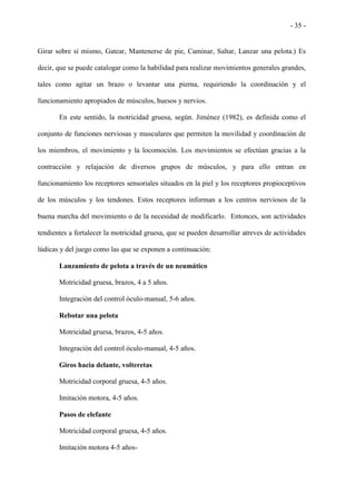 - 35 -
Girar sobre sí mismo, Gatear, Mantenerse de pie, Caminar, Saltar, Lanzar una pelota.) Es
decir, que se puede catalogar como la habilidad para realizar movimientos generales grandes,
tales como agitar un brazo o levantar una pierna, requiriendo la coordinación y el
funcionamiento apropiados de músculos, huesos y nervios.
En este sentido, la motricidad gruesa, según. Jiménez (1982), es definida como el
conjunto de funciones nerviosas y musculares que permiten la movilidad y coordinación de
los miembros, el movimiento y la locomoción. Los movimientos se efectúan gracias a la
contracción y relajación de diversos grupos de músculos, y para ello entran en
funcionamiento los receptores sensoriales situados en la piel y los receptores propioceptivos
de los músculos y los tendones. Estos receptores informan a los centros nerviosos de la
buena marcha del movimiento o de la necesidad de modificarlo. Entonces, son actividades
tendientes a fortalecer la motricidad gruesa, que se pueden desarrollar atreves de actividades
lúdicas y del juego como las que se exponen a continuación:
Lanzamiento de pelota a través de un neumático
Motricidad gruesa, brazos, 4 a 5 años.
Integración del control óculo-manual, 5-6 años.
Rebotar una pelota
Motricidad gruesa, brazos, 4-5 años.
Integración del control óculo-manual, 4-5 años.
Giros hacia delante, volteretas
Motricidad corporal gruesa, 4-5 años.
Imitación motora, 4-5 años.
Pasos de elefante
Motricidad corporal gruesa, 4-5 años.
Imitación motora 4-5 años-
 
