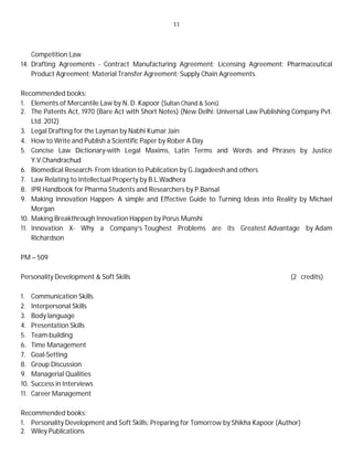 11
Competition Law
14. Drafting Agreements - Contract Manufacturing Agreement; Licensing Agreement; Pharmaceutical
Product Agreement; Material Transfer Agreement; Supply Chain Agreements.
Recommended books:
1. Elements of Mercantile Law by N. D. Kapoor (Sultan Chand & Sons)
2. The Patents Act, 1970 (Bare Act with Short Notes) (New Delhi: Universal Law Publishing Company Pvt.
Ltd. 2012)
3. Legal Drafting for the Layman by Nabhi Kumar Jain
4. How to Write and Publish a Scientific Paper by Rober A Day
5. Concise Law Dictionary-with Legal Maxims, Latin Terms and Words and Phrases by Justice
Y.V.Chandrachud
6. Biomedical Research- From Ideation to Publication by G.Jagadeesh and others
7. Law Relating to Intellectual Property by B.L.Wadhera
8. IPR Handbook for Pharma Students and Researchers by P.Bansal
9. Making Innovation Happen- A simple and Effective Guide to Turning Ideas into Reality by Michael
Morgan
10. Making Breakthrough Innovation Happen by Porus Munshi
11. Innovation X- Why a Company’s Toughest Problems are its Greatest Advantage by Adam
Richardson
PM – 509
Personality Development & Soft Skills (2 credits)
1. Communication Skills
2. Interpersonal Skills
3. Body language
4. Presentation Skills
5. Team-building
6. Time Management
7. Goal-Setting
8. Group Discussion
9. Managerial Qualities
10. Success in Interviews
11. Career Management
Recommended books:
1. Personality Development and Soft Skills: Preparing for Tomorrow by Shikha Kapoor (Author)
2. Wiley Publications
 