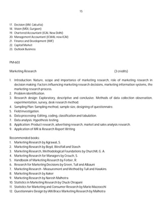 15
17. Decision (IIM, Calcutta)
18. Vision (MDI, Gurgaon)
19. Chartered Accountant (ICAI, New Delhi)
20. Management Accountant (ICWAI, now ICAI)
21. Finance and Development (IMF)
22. Capital Market
23. Outlook Business
PM-603
Marketing Research (3 credits)
1. Introduction: Nature, scope and importance of marketing research, role of marketing research in
decision making; Factors influencing marketing research decisions, marketing information systems, the
marketing research process.
2. Problem identification.
3. Research design: Exploratory, descriptive and conclusive. Methods of data collection observation,
experimentation, survey, desk research method.
4. Sampling Plan: Sampling method, sample size, designing of questionnaire.
5. Field investigation.
6. Data processing: Editing, coding, classification and tabulation.
7. Data analysis: Hypothesis testing.
8. Application: Product research, advertising research, market and sales analysis research.
9. Application of MR & Research Report Writing
Recommended books:
1. Marketing Research by Agrawal, S.
2. Marketing Research by Boyd, Westfall and Stasch
3. Marketing Research, Methodological Foundations by Churchill, G. A.
4. Marketing Research for Managers by Crouch, S.
5. Handbook of Marketing Research by Ferber, R.
6. Research for Marketing Decisions by Green, Tull and Albauni
7. Marketing Research - Measurement and Method by Tull and Hawkins
8. Marketing Research by Aaker
9. Marketing Research by Naresh Malhotra
10. Statistics in Marketing Research by Chuck Chrapani
11. Statistics for Marketing and Consumer Research by Mario Mazzocchi
12. Questionnaire Design by IAN Brace Marketing Research by Malhotra
 
