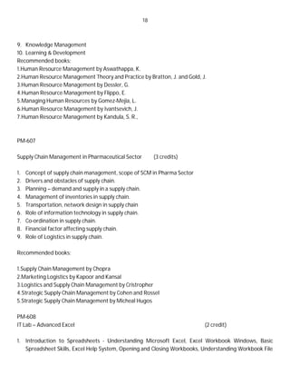18
9. Knowledge Management
10. Learning & Development
Recommended books:
1.Human Resource Management by Aswathappa, K.
2.Human Resource Management Theory and Practice by Bratton, J. and Gold, J.
3.Human Resource Management by Dessler, G.
4.Human Resource Management by Flippo, E.
5.Managing Human Resources by Gomez-Mejia, L.
6.Human Resource Management by Ivantsevich, J.
7.Human Resource Management by Kandula, S. R.,
PM-607
Supply Chain Management in Pharmaceutical Sector (3 credits)
1. Concept of supply chain management, scope of SCM in Pharma Sector
2. Drivers and obstacles of supply chain.
3. Planning – demand and supply in a supply chain.
4. Management of inventories in supply chain.
5. Transportation, network design in supply chain
6. Role of information technology in supply chain.
7. Co-ordination in supply chain.
8. Financial factor affecting supply chain.
9. Role of Logistics in supply chain.
Recommended books:
1.Supply Chain Management by Chopra
2.Marketing Logistics by Kapoor and Kansal
3.Logistics and Supply Chain Management by Cristropher
4.Strategic Supply Chain Management by Cohen and Rossel
5.Strategic Supply Chain Management by Micheal Hugos
PM-608
IT Lab – Advanced Excel (2 credit)
1. Introduction to Spreadsheets - Understanding Microsoft Excel, Excel Workbook Windows, Basic
Spreadsheet Skills, Excel Help System, Opening and Closing Workbooks, Understanding Workbook File
 