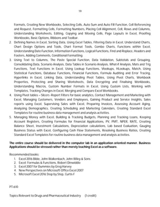 19
Formats, Creating New Workbooks, Selecting Cells, Auto Sum and Auto Fill Function, Cell Referencing
and Request, Formatting Cells, Formatting Numbers, Placing Cell Alignment, Cell, Rows and Columns,
Understanding Worksheets, Editing, Copying and Moving Cells, Page Layouts in Excel, Proofing
Workbooks, Basic Options, Ribbons and Toolbar.
2. Defining Names in Excel, Sorting Data, Using Excel Tables, Filtering Data in Excel, Understand Charts,
Chart Design Options and Tools, Chart Format Tools, Combo Charts, Functions within Excel,
Understanding Date Function, Information Functions, Logical Functions, Find and Replace, Headers and
Footers, Adding Comments, Conditional Formatting.
3. Using Text to Columns, The Paste Special Function, Data Validation, Subtotals and Grouping,
Consolidating Data, Scenario Analysis, Data Tables in Scenario Analysis, What-if Analysis, Mats and Trig
Functions, Text Functions in Excel, Using Lookup Functions, Vlookups, HLookups, Match, Using
Statistical Functions, Database Functions, Financial Functions, Formula Auditing and Error Tracing,
Hyperlinks in Excel, Linking Data, Understanding Pivot Tables, Using Pivot Charts, Workbook
Properties, Protecting and Sharing Worksheets, Data Encrypting and Finalising Workbooks,
Understanding Macros, Custom Number Formats in Excel, Using Custom Lists, Working with
Templates, Tracking Changes in Excel, Merging and Compare Excel Workbooks.
4. Using Pivot tables – Slicers -Report Filters for basic analytics, Contact Management and Marketing with
Excel, Managing Customers, Vendors and Employees, Gaining Product and Service Insights, Sales
reports using Excel, Supervising Sales with Excel, Preparing Invoices, Assessing Account Aging,
Analyzing Demographics, Creating Scheduling and Marketing Calendars, Creating Standard Excel
Templates for routine business data management and analysis activities.
5. Managing Money with Excel, Building & Tracking Budgets, Planning and Tracking Loans, Keeping
Account Registers, Creating Formulas for Financial Applications, PV, PMT, NPER, RATE, Creating
Balance Sheet, Investment Calculations, Depreciation calculations, Lab based Evaluation, Gauging
Business Status with Excel, Configuring Cash Flow Statements, Resolving Business Ratios, Creating
Standard Excel Templates for routine business data management and analysis activities.
The entire course should be delivered in the computer lab in an application oriented manner. Business
Applications should be stressed rather than merely teaching Excel as a software.
Recommended books:
1. Excel 2016 Bible, John Walkenbach, John Wiley & Sons
2. Excel: Formulas & Functions, Robert Dinwiddie
3. Excel 2007 for Dummies by Greg Harvey
4. New Perspectives on Microsoft Office Excel 2007
5. Microsoft Excel 2016 Step by Step, Curtis F
PT-610
Topics Relevant to Drugs and Pharmaceutical Industry (1 credit)
 