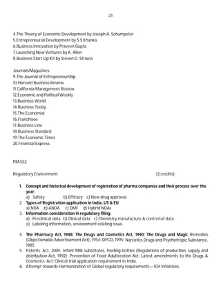 23
4.The Theory of Economic Development by Joseph A. Schumpeter
5.Entrepreneurial Development by S S Khanka
6.Business Innovation by Praveen Gupta
7.Launching New Ventures by K. Allen
8.Business Start-Up Kit by Steven D. Strauss
Journals/Magazines:
9.The Journal of Entrepreneurship
10.Harvard Business Review
11.California Management Review
12.Economic and Political Weekly
13.Business World
14.Business Today
15.The Economist
16.Franchisee
17.Business Line
18.Business Standard
19.The Economic Times
20.Financial Express
PM-553
Regulatory Environment (3 credits)
1. Concept and historical development of registration of pharma companies and their process over the
year:
a) Safety b) Efficacy c) New drug approval.
2. Types of Registration application in India, US & EU:
a) NDA b) ANDA c) DMF d) Hybrid NDAs
3. Information consideration in regulatory filing:
a) Preclinical data b) Clinical data c) Chemistry manufacture & control of data.
e) Labeling information, environment relating issue.
4. The Pharmacy Act, 1948; The Drugs and Cosmetics Act, 1940; The Drugs and Magic Remedies
(Objectionable Advertisement Act), 1954; DPCO, 1995; Narcotics Drugs and Psychotropic Substance,
1985.
5. Patents Act, 2005; Infant Milk substitutes, feeding bottles (Regulations of production, supply and
distribution Act, 1992); Prevention of Food Adulteration Act; Latest amendments to the Drugs &
Cosmetics Act; Clinical trial application requirement in India.
6. Attempt towards Harmonization of Global regulatory requirements – ICH initiatives.
 