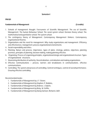 4
Semester-I
PM-501
Fundamentals of Management (3 credits)
1. Schools of management thought: Forerunners of Scientific Management; The era of Scientific
Management; The human Behaviour School; The social system school; Decision theory school; The
mathematical and quantitative school; The system school.
2. The contingency theory of Management; Contemporary Management thinkers; Contemporary
organizational theories.
3. Organizations and the need for management: Why study organizations and management. Efficiency
and effectiveness, management, process organizational environments.
4. Social responsibility and ethics.
5. Planning: Nature and process, importance, types of plans, strategy, policies, objectives, planning
premises, principles of planning, decision making, making planning effective.
6. Organizing: Process of organizing principles, organizational design and organizational structure; Types
of organizational structures.
7. Downsizing distribution of authority; Decentralization, centralization and making organizations.
8. Effective Communications – process, barriers and breakdowns in communications, effective
communications.
9. Controlling: The system and process of controlling. Control techniques, control of overall performance.
Ensuring effective controlling.
Recommended books:
1. Fundamentals of Management by J. F. Stoner,
2. Fundamentals of Management by Stephen. P. Robbins,
3. Fundamentals of Management by Andrew. J. Dubrin,
4. Fundamentals of Management by Ricky. W. Griffin,
5. Fundamentals of Management by Danay Samson, Richard.L.Daft.
 