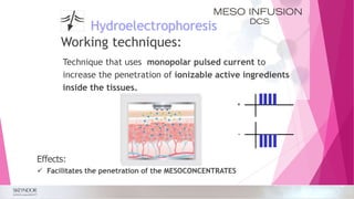 Hydroelectrophoresis
Technique that uses monopolar pulsed current to
increase the penetration of ionizable active ingredients
inside the tissues.
Effects:
 Facilitates the penetration of the MESOCONCENTRATES
-
+
Working techniques:
 
