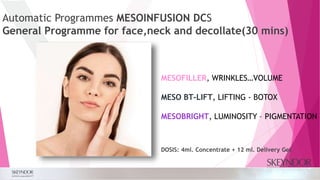 Automatic Programmes MESOINFUSION DCS
General Programme for face,neck and decollate(30 mins)
MESOFILLER, WRINKLES…VOLUME
MESO BT-LIFT, LIFTING - BOTOX
MESOBRIGHT, LUMINOSITY – PIGMENTATION
DOSIS: 4ml. Concentrate + 12 ml. Delivery Gel
 