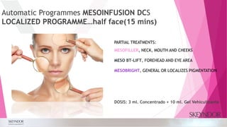 Automatic Programmes MESOINFUSION DCS
LOCALIZED PROGRAMME…half face(15 mins)
PARTIAL TREATMENTS:
MESOFILLER, NECK, MOUTH AND CHEEKS
MESO BT-LIFT, FOREHEAD AND EYE AREA
MESOBRIGHT, GENERAL OR LOCALIZES PIGMENTATION
DOSIS: 3 ml. Concentrado + 10 ml. Gel Vehiculizante
 