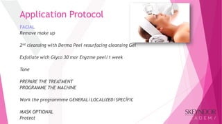 Application Protocol
FACIAL
Remove make up
2nd cleansing with Derma Peel resurfacing cleansing Gel
Exfoliate with Glyco 30 mor Enyzme peel/1 week
Tone
PREPARE THE TREATMENT
PROGRAMME THE MACHINE
Work the programmme GENERAL/LOCALIZED/SPECÍFIC
MASK OPTIONAL
Protect
 