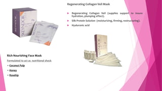 Regenerating Collagen Veil Mask
 Regenerating Collagen Veil (supplies support to insure
hydration, plumping effect).
 Silk Protein Solution (moisturizing, firming, restructuring).
 Hyaluronic acid
Rich Nourishing Face Mask
Formulated to act as nutritional shock
• Coconut Pulp
• Honey
• Rosehip
 