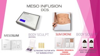 MESOSLIM
ULTRASONIC FACTOR WITH
FAT BURNING EFFECT
SLIMDRONE
DRAINING- REDUCING &
FIRMING
CONCENTRATE
SCULPTING &DRAINING
BODY CONCENTRATE
 