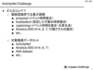ActivityNet Challenge
16
● どんなコンペ？
○ 動画認識界では最大規模
■ proposal（イベント時間推定）
■ localization（指定した行動の時間推定）
■ captioning（イベント時間を推定・文章生成）
■ Kinetics-X00（X=4, 6, 7; 行動クラスの識別）
■ etc...
○ 対象動画データセット
■ ActivityNet
■ Kinetics-X00（X=4, 6, 7）
■ AVA dataset
■ etc...
担当：若宮 
 