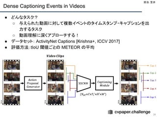 Dense Captioning Events in Videos
34
● どんなタスク？
○ 与えられた動画に対して複数イベントのタイムスタンプ・キャプションを出
力するタスク
○ 動画理解に深くアプローチする！
● データセット： ActivityNet Captions [Krishna+, ICCV 2017]
● 評価方法：tIoU 閾値ごとの METEOR の平均
担当：笠井 
 