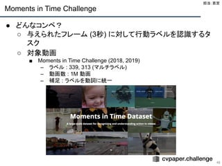 Moments in Time Challenge
48
● どんなコンペ？
○ 与えられたフレーム (3秒) に対して行動ラベルを認識するタ
スク
○ 対象動画
■ Moments in Time Challenge (2018, 2019)
– ラベル : 339, 313 (マルチラベル)
– 動画数 : 1M 動画
– 補足 : ラベルを動詞に統一
担当：若宮 
 