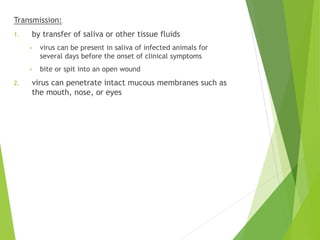 Transmission:
1. by transfer of saliva or other tissue fluids
• virus can be present in saliva of infected animals for
several days before the onset of clinical symptoms
• bite or spit into an open wound
2. virus can penetrate intact mucous membranes such as
the mouth, nose, or eyes
 