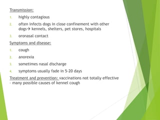 Transmission:
1. highly contagious
2. often infects dogs in close confinement with other
dogs kennels, shelters, pet stores, hospitals
3. oronasal contact
Symptoms and disease:
1. cough
2. anorexia
3. sometimes nasal discharge
4. symptoms usually fade in 5-20 days
Treatment and prevention: vaccinations not totally effective
– many possible causes of kennel cough
 