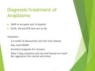 Diagnosis/treatment of
Anaplasma
 SNAP or Accuplex test in hospital
 ELISA, IFA and PCR sent out to lab
Treatment
- 2-4 weeks of doxycycline just like lyme disease
- May need NSAIDS
- Excellent prognosis for recovery
- What if dog is positive and not sick? Should we treat?
Rec aggressive tick control and retest
 