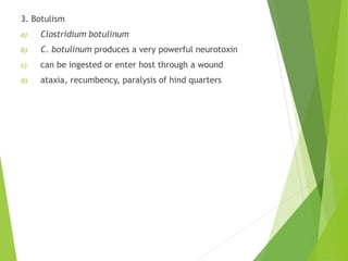 3. Botulism
a) Clostridium botulinum
b) C. botulinum produces a very powerful neurotoxin
c) can be ingested or enter host through a wound
d) ataxia, recumbency, paralysis of hind quarters
 