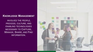 KNOWLEDGE MANAGEMENT
INVOLVES THE PEOPLE,
PROCESS, CULTURE, AND
ENABLING TECHNOLOGIES
NECESSARY TO CAPTURE,
MANAGE, SHARE,...