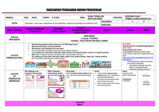 RANCANGAN PENGAJARAN HARIAN PRASEKOLAH
MINGGU : HARI : AHAD TARIKH: 2.10.2022 TEMA:
DUNIA TEKNOLOGI
INSTITUSI AWAM
STRATEGI:
BERTEMA /PUSAT
PEMBELAJARAN/ BERSEPADU
RUTIN Ucap salam , minum pagi, pemeriksaan diri dan kebersihan, membaca doa kalendar dan kehadiran murid.
KEHADIRAN : / L: / P: /
PERISTIWA :
MASA / TUNJANG
FOKUS & STANDARD
KANDUNGAN
STANDARD
PEMBELAJARAN
OBJEKTIF
(DIAKHIR PELAJARAN
MURID DAPAT)
AKTIVITI BAHAN IMPAK
8.00-8.20
MAIN BEBAS
MAIN BEBAS
( Tempat : PADANG)
Peralatan : BOLA SEPAK DAN BOLA JARING
8.20-8.40
PERBUALAN AWAL
 Bersalam/mengucapkan selamat antara guru dan PPM dengan murid
 Menyusun kasut/beg di rak yang disediakan
 Menyanyikan Lagu Kebangsaan dan lagu negeri
 Guru memperkenalkan beberapa Institusi awam yang terdapat di Malaysia
Seperti pejabat pos, balai bomba, balai polis, tadika, sekolah, bank, pejabat kerajaan, masjid, kuil, hospital, pasaraya.
 Murid dapat mengecam bangunan kemudahan awam yang ditunjukkan oleh guru.
Cth: pejabat pos, balai bomba, balai polis, tadika, sekolah, bank, pejabat kerajaan, masjid, kuil, hospital, pasaraya.
Murid menyatakan fungsi bangunan yang ditunjukkan.
NILAI SIVIK:
Kegembiraan/Kasih sayang/Bertanggungjawab
NILAI TERAS
Sayang kepada Alam Sekitar
Tanggungjawab menjaga kemudahan awam
Murid menonton video adab menjaga harta benda
awam
https://www.youtube.com/watch?v=tqO2qYF1FZY
&pbjreload=10
- Antara kepentingan menjaga kemudahan
awam kepada masyarakat
- Mengeratkan semangat silaturahim
- Memupuk semangat toleransi
- Melahirkan semangat perpaduan
8.40-9.50
AP
PENDEKATAN
BERSEPADU
BM 2.5Mmebaca dan
memahami bahan bacaan
BM2.5.1 Membaca
bahan bacaan mudah
Murid dapat;
Membaca bahan bacaan mudah dengan
suku kata terbuka dan tertutup dengan
betul
TAHAP PENGUASAAN
TP1
TP2
TP3
Aktiviti
 Murid membaca bahan bacaan
mudah dengan suku kata terbuka
dan tertutup dengan betul
 Kemudian murid menampal bahan
bacaan dalam buku kerja
 Murid menyalin ayat mudah dengan
betul baris demi baris.
Bahan:
Kad ayat mudah
Modul 1 bijak bacaan
Kesepaduan:
PFK/PM/KD
__/__
Menguasai
__/__
Perlukan
bimbingan
9.50-10.20
REHAT
 