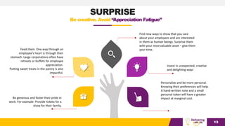 SURPRISE
Be creative. Avoid “Appreciation Fatigue”
Find new ways to show that you care
about your employees and are intere...