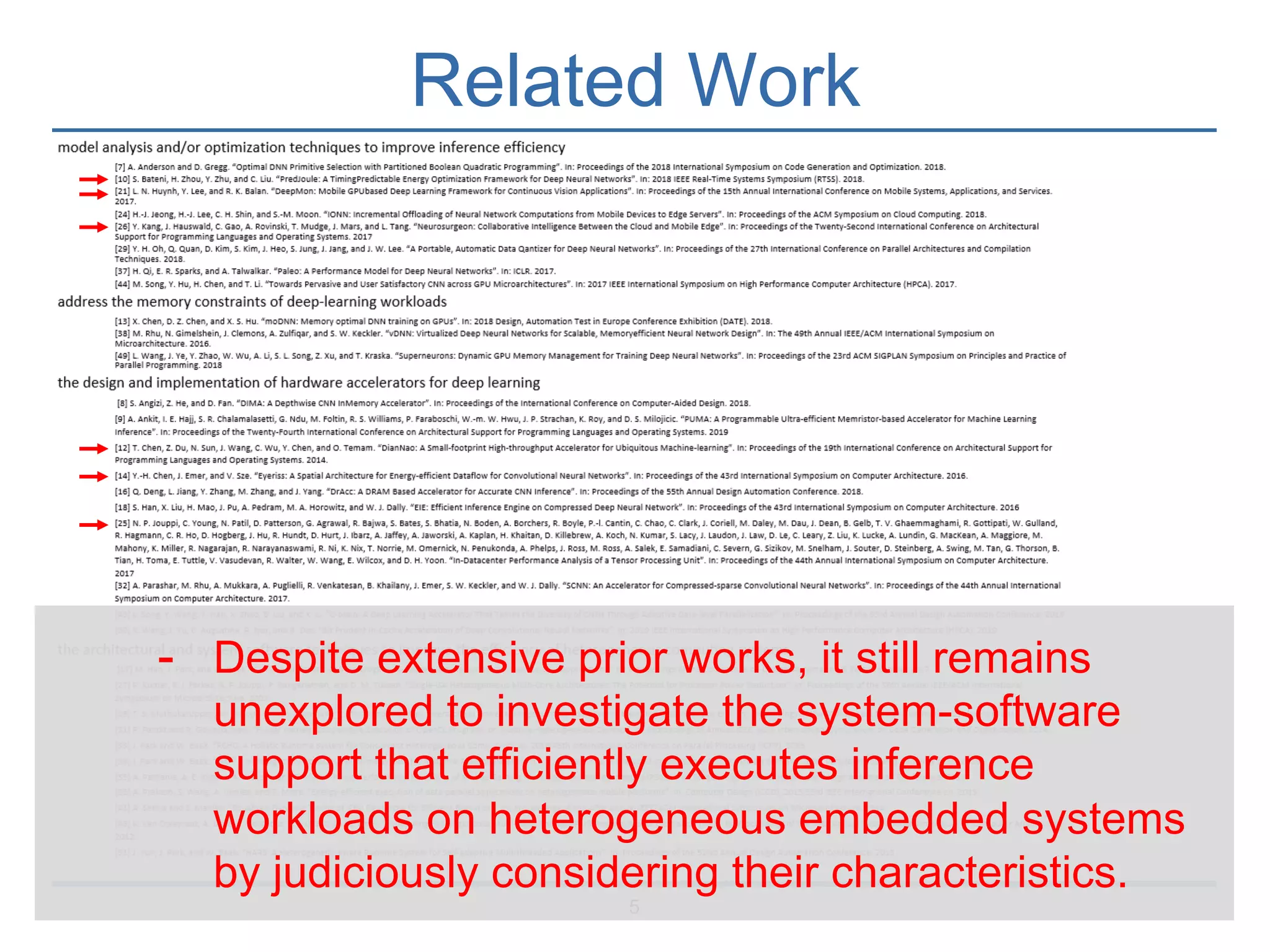 Related Work
5
- Despite extensive prior works, it still remains
unexplored to investigate the system-software
support that efficiently executes inference
workloads on heterogeneous embedded systems
by judiciously considering their characteristics.
 