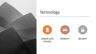 Technology
SERVER-LESS
OFFICES
MOBILITY SECURITY
 